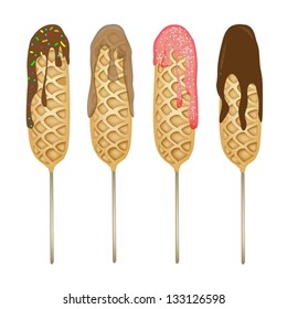 Sweet Food and Dessert Food, An Illustration Collection of Golden Brown Homemade Corn Dogs or Hot Dog Waffles on A Stick in Various Flavors