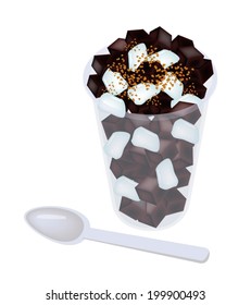 Sweet Food and Dessert, An Illustration of Grass jelly or Chinese Black Jelly in A Glass Isolated on White Background. 