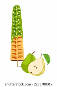 Sweet food and dessert food, vector illustration of golden brown homemade corn dog or hot dog waffle on a stick in various flavors decorations and pear chocolate. Card. Menu. Empty space for text