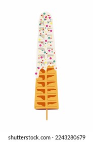 Sweet food and dessert food, vector illustration of golden brown homemade corn dog or hot dog waffle on a stick in various flavors decorations and white chocolate.