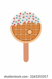 Sweet food and dessert food, vector illustration of golden brown homemade corn dog or hot dog waffle on a stick in various flavors decorations and white chocolate. Letter "O".