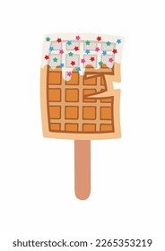 Sweet food and dessert food, vector illustration of golden brown homemade corn dog or hot dog waffle on a stick in various flavors decorations and white chocolate. Letter "E".