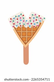 Sweet food and dessert food, vector illustration of golden brown homemade corn dog or hot dog waffle on a stick in various flavors decorations and white chocolate. Letter "V".