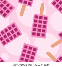 Sweet food and dessert food, vector illustration of homemade corn dog or hot dog waffle on a stick. Magenta color. Pink or violet. Seamless pattern. Wrapping paper, print, textile, fabric.