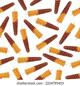 Sweet food and dessert food, vector seamless pattern of golden brown homemade corn dog or hot dog waffle on a stick in various flavors decorations and chocolate. Print, textile, fabric, wrapping.