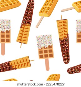 Sweet food and dessert food, vector seamless pattern of golden brown homemade corn dog or hot dog waffle on a stick in various flavors decorations and white, black chocolate. Print, textile, fabric.