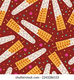 Sweet food and dessert food, vector seamless pattern of golden brown homemade corn dog or hot dog waffle on a stick in various flavors decorations and white chocolate. Print, textile, fabric, wrapping