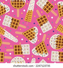 Sweet food and dessert food, vector seamless pattern of golden brown homemade corn dog or hot dog waffle on a stick in various flavors decorations and white chocolate. Print, textile, fabric. Pink