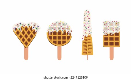 Sweet food and dessert food, vector set illustration of golden brown homemade corn dog waffle on a stick in various flavors decorations and white chocolate. Collection or group. White chocolate. Heart