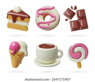 Comida doce e sobremesas conjunto de ícones 3d. Peça de bolo, pirulito, chocolate, sorvete, rosquinha e xícara de café ilustração vetor realista bonito isolado no fundo branco