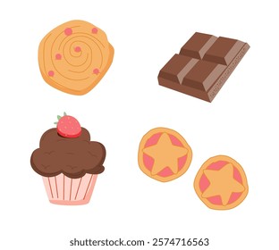 Sweet food doodle hand drawn vector icon set. Cake, cookies, croissant, cupcake, cinnamon roll, chocolate. Sweet holiday bakery pieces collection. Pastry chocolate fruit, berry dessert for breakfast