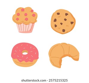 Sweet food doodle hand drawn vector icon set. Cake, cookies, croissant, cupcake, donut, chocolate. Sweet holiday bakery pieces collection. Pastry chocolate fruit, berry dessert for breakfast