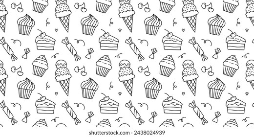 Sweet food doodle pattern. Seamless pattern of Ice cream, cakes and candy hand drawn in black and white color.
