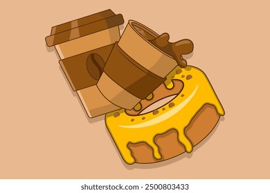 Sweet food and drink concept. Disposable Donuts And Coffee Cups. Coffee Cup and Donut Icon. Coffee or tea to take home or deliver food concept. Vector illustration isolated on background.