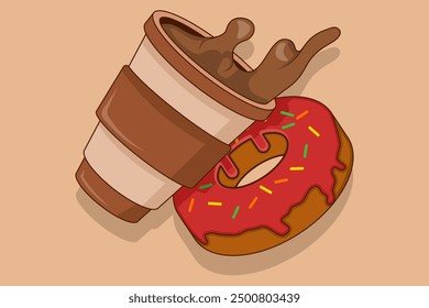 Sweet food and drink concept. Disposable Donuts And Coffee Cups. Coffee Cup and Donut Icon. Coffee or tea to take home or deliver food concept. Vector illustration isolated on background.