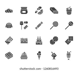 Sweet food flat glyph icons set. Pastry vector illustrations lollipop, chocolate bar, milkshake, cookie, birthday cake, marshmallow. Signs for desserts menu. Solid silhouette pixel perfect 64x64.