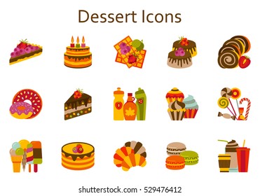 Sweet food flat icons set. Dessert collection. Vector illustration.