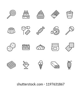 Sweet food flat line icons set. Pastry vector illustrations lollipop, chocolate bar, milkshake, cookie, birthday cake, marshmallow. Thin signs for desserts menu. Pixel perfect 64x64. Editable Strokes.