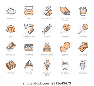 Sweet food flat line icons set. Pastry vector illustrations - lollipop, chocolate bar, milkshake, cookie, birthday cake, marshmallow. Thin signs for desserts menu. Orange color. Editable stroke