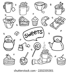 Sweet food and Hot Drinks Set. Outline doodle Vector Illustration with lettering. Collection of food illustration in engraving style