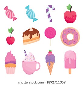 Sweet Food Icon Collection Design, Dessert Delicious And Sugar Theme Vector Illustration