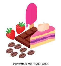 Sweet food icon isometric vector. Piece cake, ice cream, chocolate bar, strawberry. Dessert, sweet