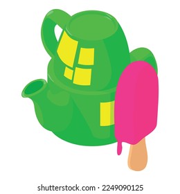 Sweet food icon isometric vector. Bright green teapot and fruit ice cream icon. Summer drink and snack