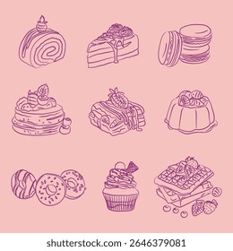 Sweet food icon set vector illustration. Hand drawn dessert element for menu design. Dessert. Food line art