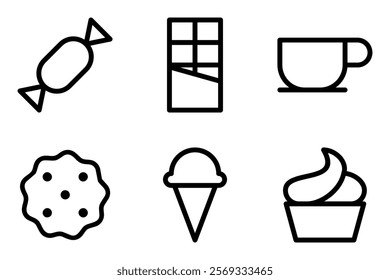 sweet food icon vector template such as candy, chocolate bar, coffee  mug, cookies, ice cream cone and  cupcake icons