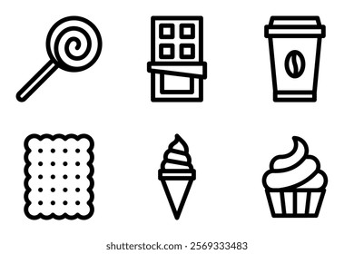 sweet food icon vector template such as candy, chocolate bar, coffee  mug, cookies, ice cream cone and  cupcake icons