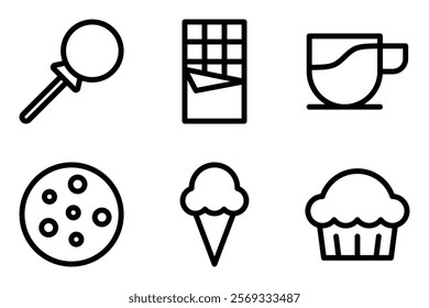 sweet food icon vector template such as candy, chocolate bar, coffee  mug, cookies, ice cream cone and  cupcake icons