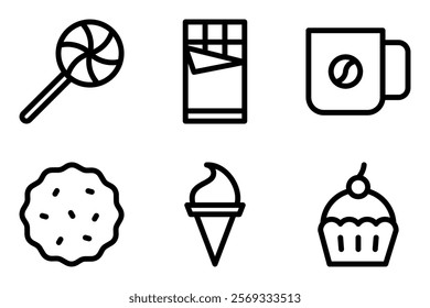 sweet food icon vector template such as candy, chocolate bar, coffee  mug, cookies, ice cream cone and  cupcake icons