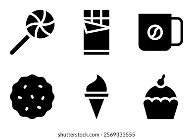 sweet food icon vector template such as candy, chocolate bar, coffee  mug, cookies, ice cream cone and  cupcake icons