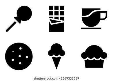 sweet food icon vector template such as candy, chocolate bar, coffee  mug, cookies, ice cream cone and  cupcake icons