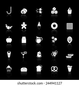 Sweet food icons with reflect on black background, stock vector