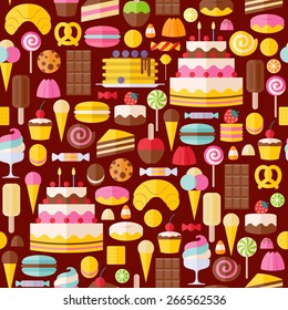 Sweet food icons seamless pattern. Candy, sweets, lollipop, cake, donut, macaroon, ice cream, jelly background.