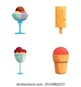 Sweet Food Icons setzen Cartoon-Vektor. Verschiedene bunte Eis. Sommerliches Essen, Dessert