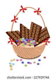 Sweet Food, Illustration Of Of Milk Chocolate And Chocolates Bar On A Beautiful Wicker Gift Basket. 