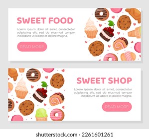 Sweet food landing page templates set. Sweet shop, bakery, cafeteria horizontal web banners cartoon vector