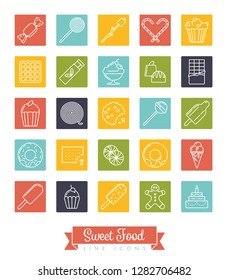 Sweet food line icon vector collection with sweets, candy, chocolates and cakes in color squares