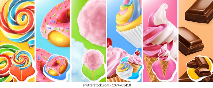  Buena comida. Lollipop, donut, algodón dulce, quequito, helado, chocolate. Icono de vector 3d realista