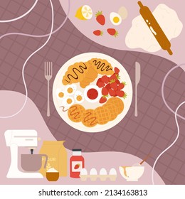 Sweet food, morning breakfast restaurant or cafe menu. Cereal croissants and waffles with jam or chocolate, eggs on round plate for eating, ingredients and chefs tools flat vector illustration