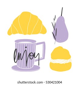 Sweet food on the white background. Coffee, pastry and pear vector illustration with hand lettering
