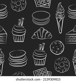 Sweet food outline sketch drawing seamless pattern template, isolated vector tasty kitchen background, simple doodle black chalkboard. Cookies, donut, cake, pancakes, croissant, ice cream, muffin.