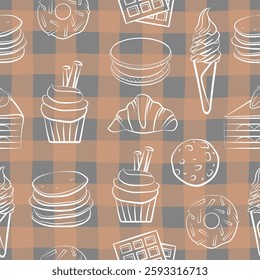 Sweet food outline sketch drawing seamless pattern template, isolated vector tasty kitchen background, simple doodle black chalkboard. Cookies, donut, cake, pancakes, croissant, ice cream, muffin.