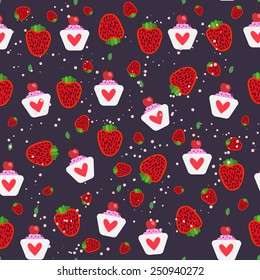 Sweet food pattern with strawberry and cupcakes. Vector illustration. 