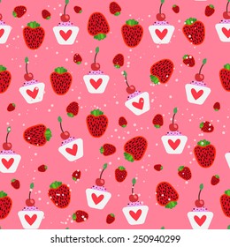 Sweet food pattern with strawberry and cupcakes. Vector illustration. 