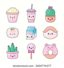 Sweet food realistic render vector icon set. Cake, donut, chocolate, milk, juice, cactus 