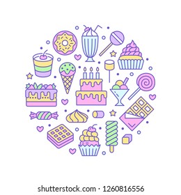 Sweet food round poster with flat line icons. Pastry vector illustrations - lollipop, chocolate bar, milkshake, ice cream, birthday cake, donut, candy shop. Cute circle brochure for confectionery.