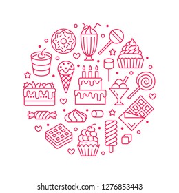 Sweet food round poster with flat line icons. Pastry vector illustrations - lollipop, chocolate bar, milkshake, ice cream, birthday cake, donut, candy shop. Cute pink circle brochure for confectionery